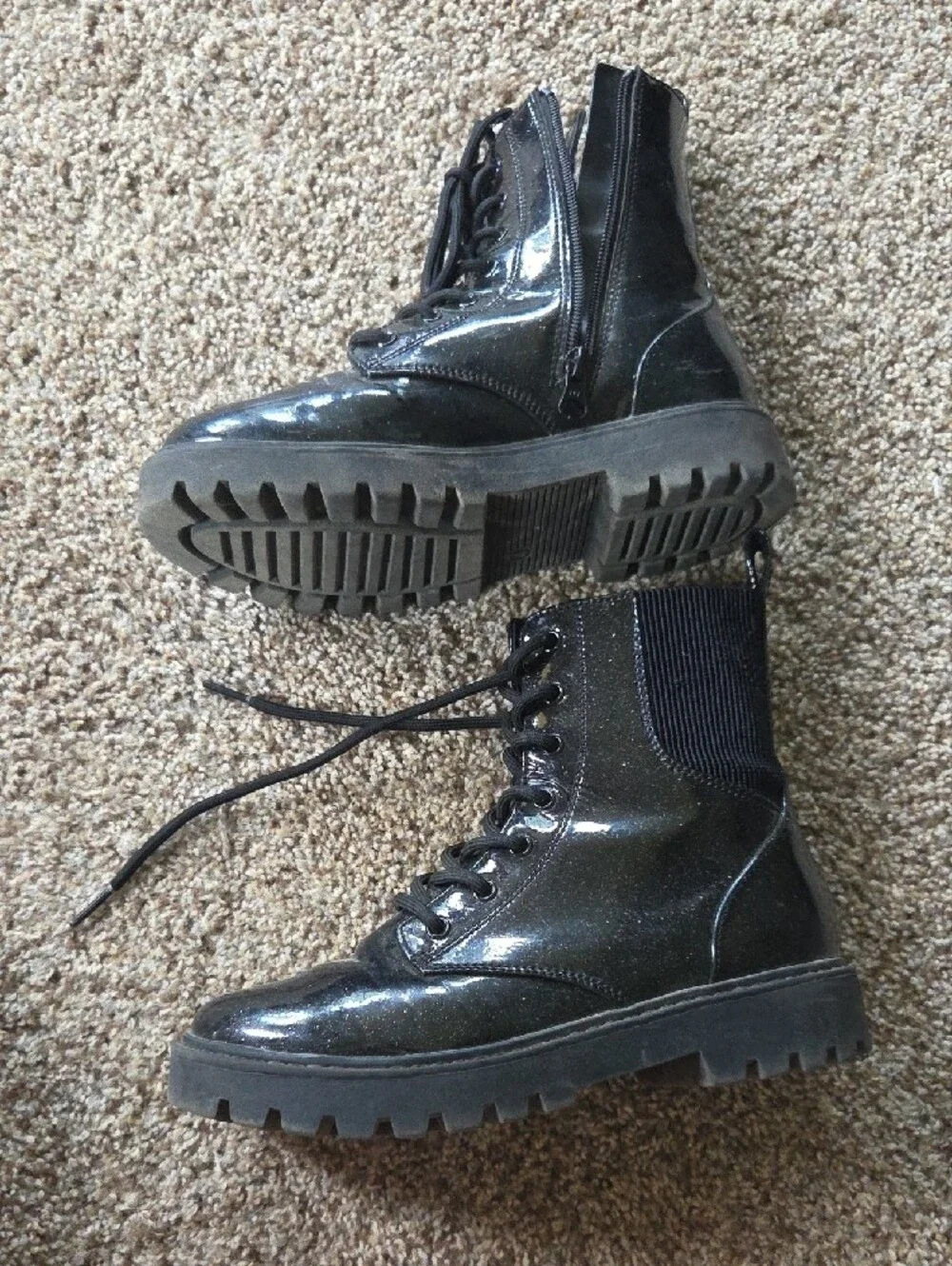 Black Patent Lace-Up Combat Boots - Kids